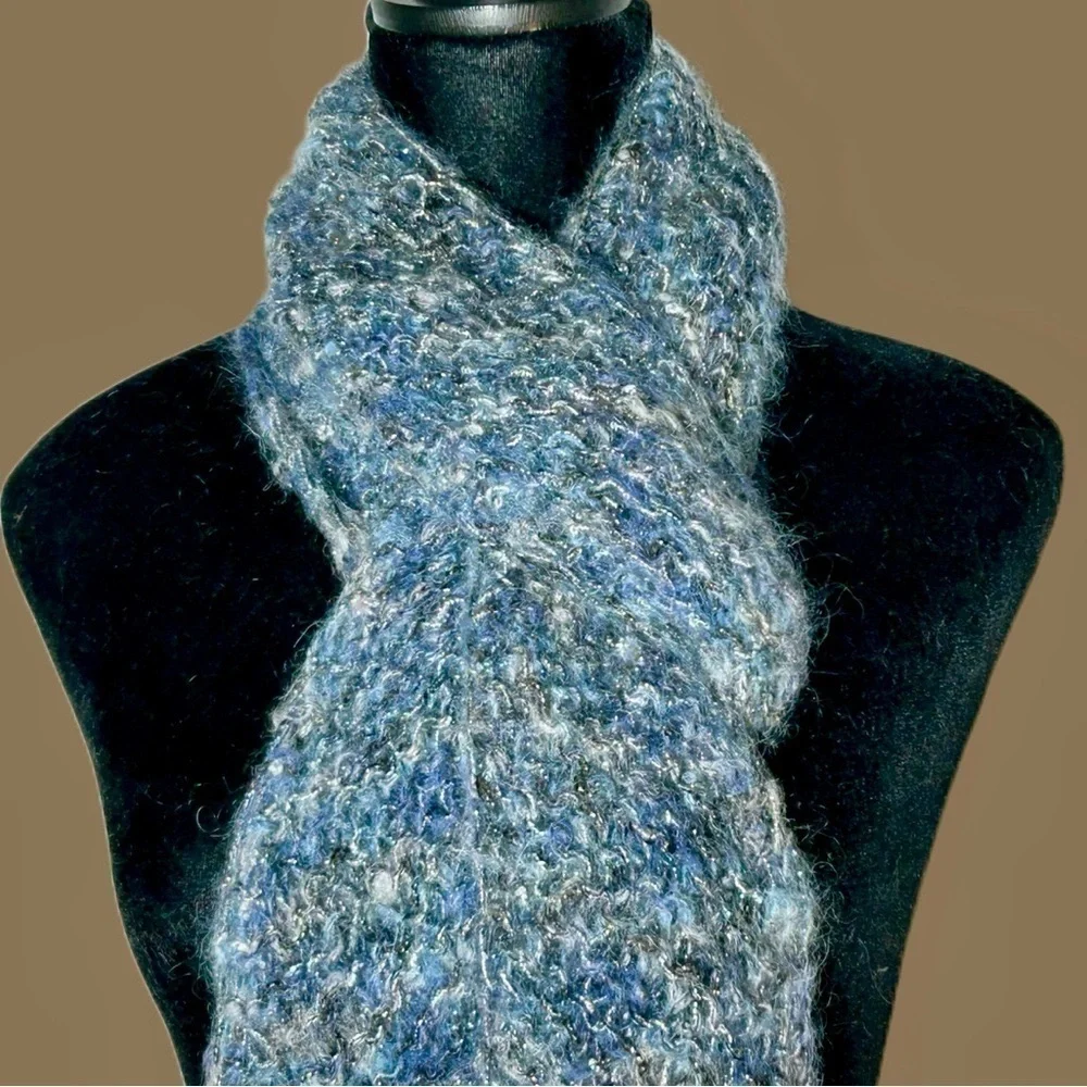 NEW Boutique Hand-Knitted Super Soft & Cozy Blue & Gray Scarf w/ Tasseled Fringe